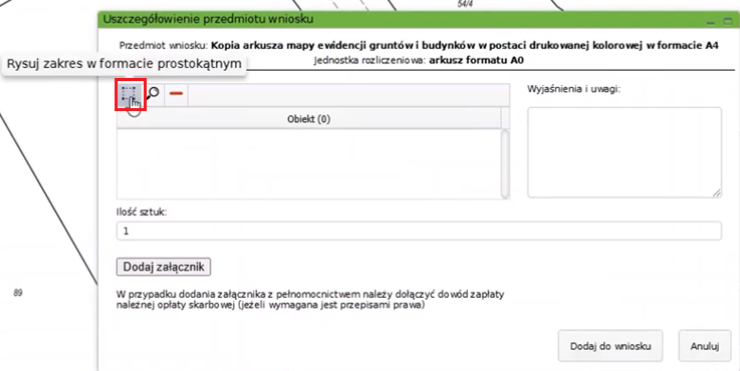 Widok okna: Uszczegółowienie przedmiotu wniosku