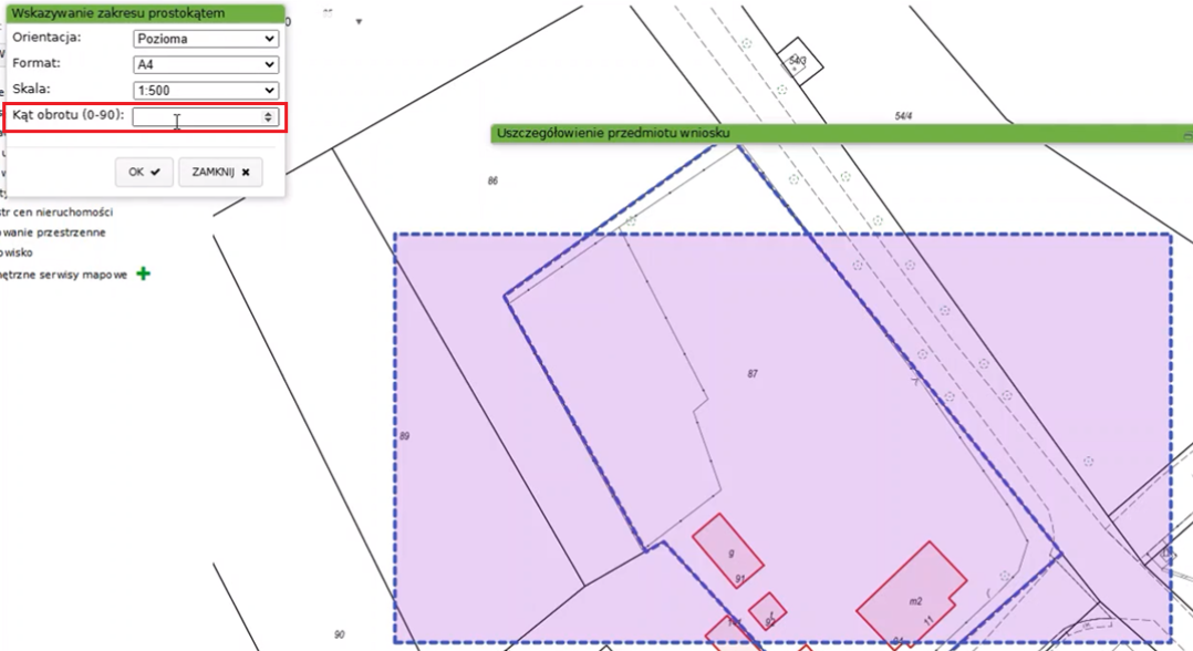 Widok mapy i okna wskazywania zakresu prostokątem
