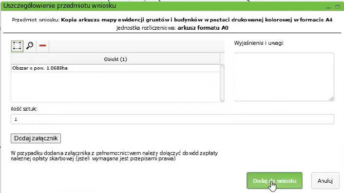 Widok okna: Uszczegółowienie przedmiotu wniosku