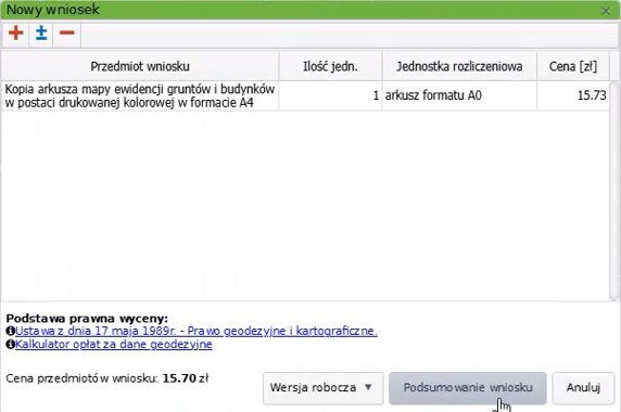 Widok okna nowego wniosku