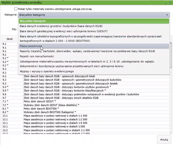 Widok okna wyboru przedmiotu wniosku