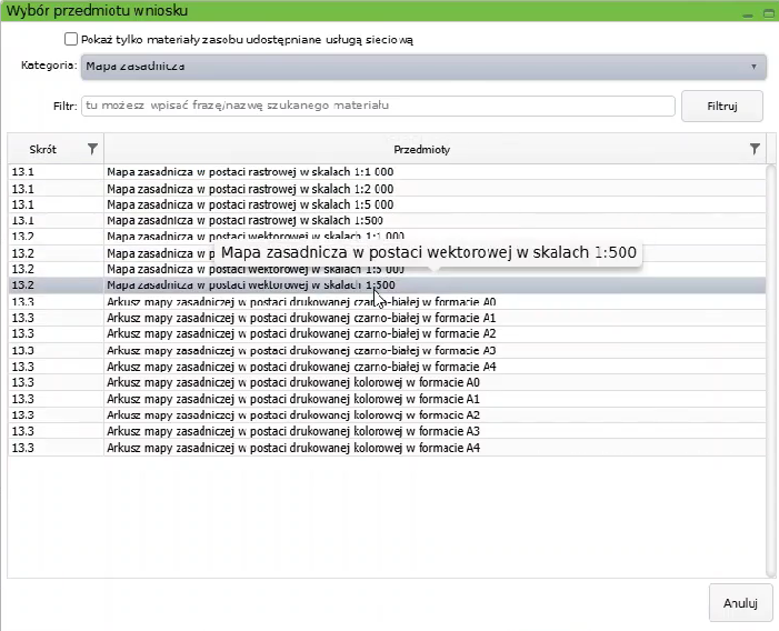 Widok okna wyboru przedmiotu wniosku