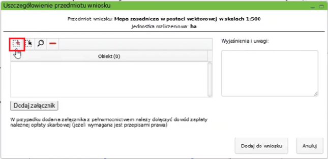 Widok okna: Uszczegółowienie przedmiotu wniosku