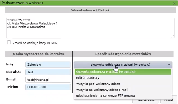Widok okna podsumowania wniosku