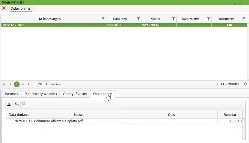 Widok okna: Moje wnioski z zakładką: Dokumenty