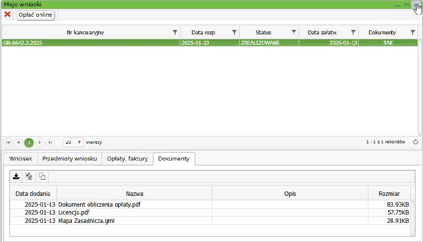 Widok okna: Moje wnioski z zakładką: Dokumenty