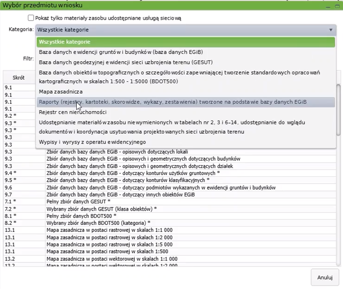 Widok okna wyboru przedmiotu wniosku