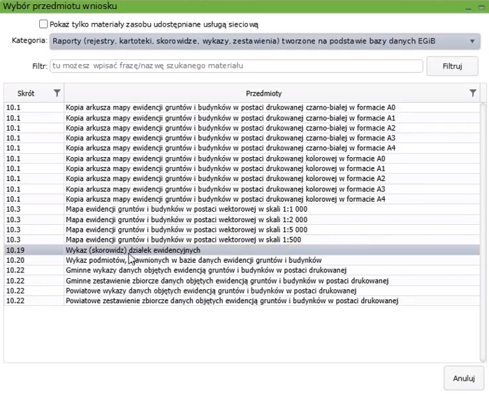 Widok okna wyboru przedmiotu wniosku
