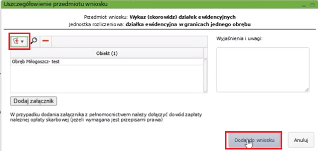 Widok okna: Uszczegółowienie przedmiotu wniosku