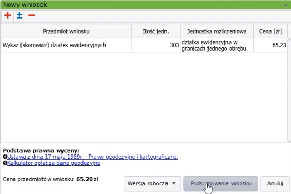 Widok okna z nowym wnioskiem