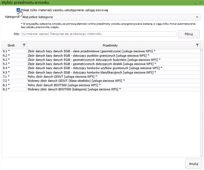 Widok okna wyboru przedmiotu wniosku