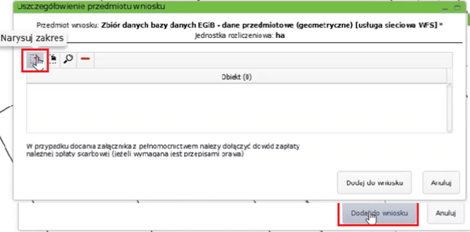 Widok okna: Uszczegółowienie przedmiotu wniosku