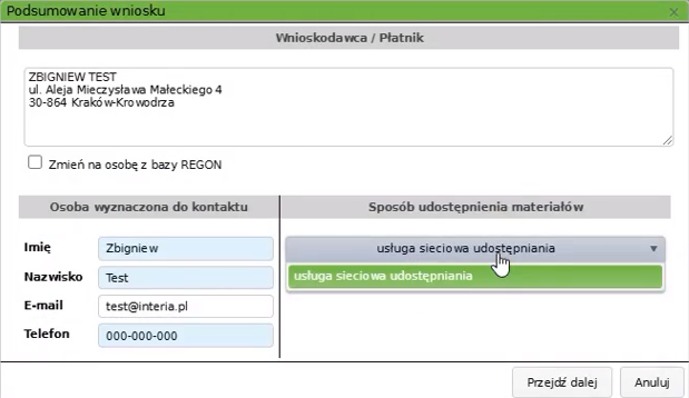Widok okna podsumowania wniosku
