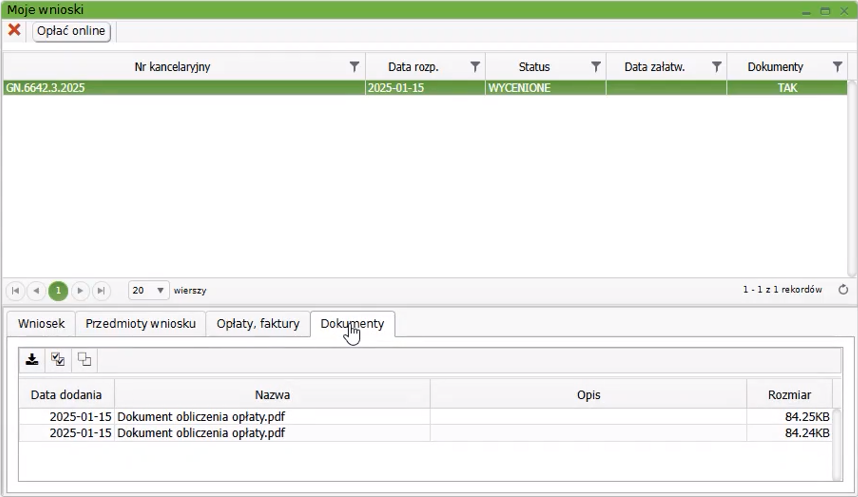 Widok okna: Moje wnioski z zakładką: Dokumenty