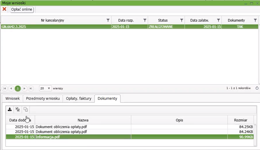 Widok okna: Moje wnioski z zakładką: Dokumenty