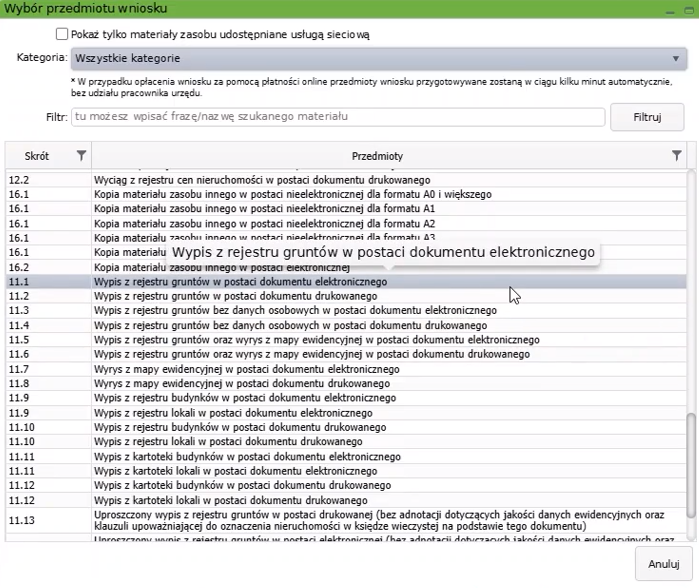 Widok okna wyboru przedmiotu wniosku
