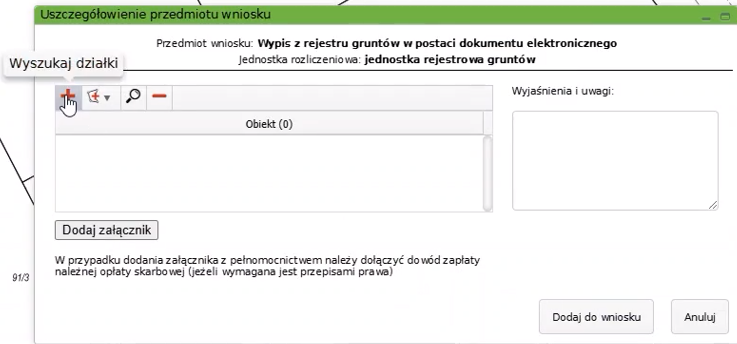 Widok okna: Uszczegółowienie przedmiotu wniosku