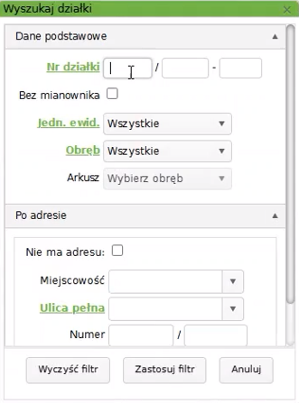 Widok okna wyszukiwania działek
