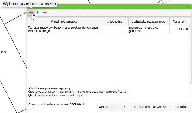 Widok okna nowego wniosku