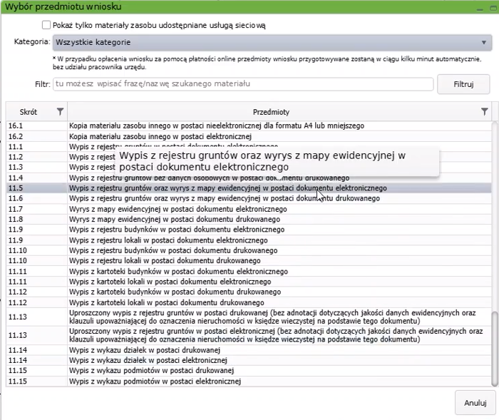 Widok okna wyboru przedmiotu wniosku
