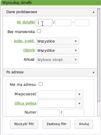Widok okna wyszukiwania działek