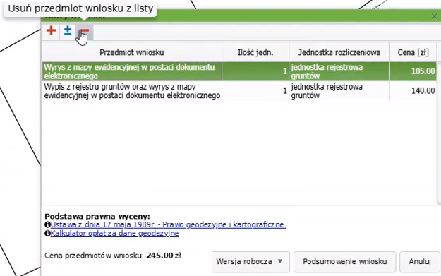 Widok okna nowego wniosku