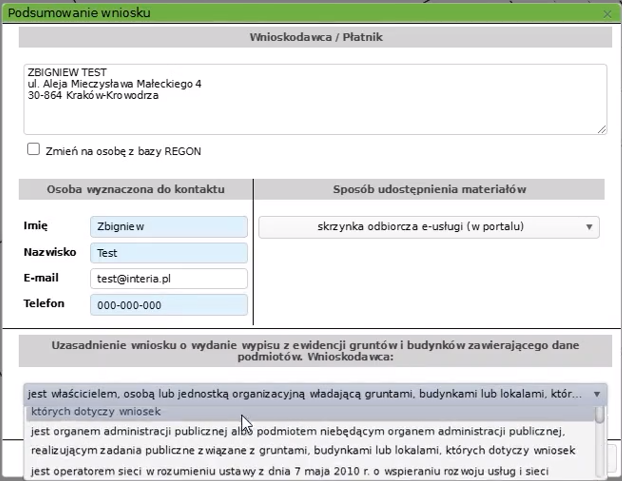Widok okna podsumowania wniosku