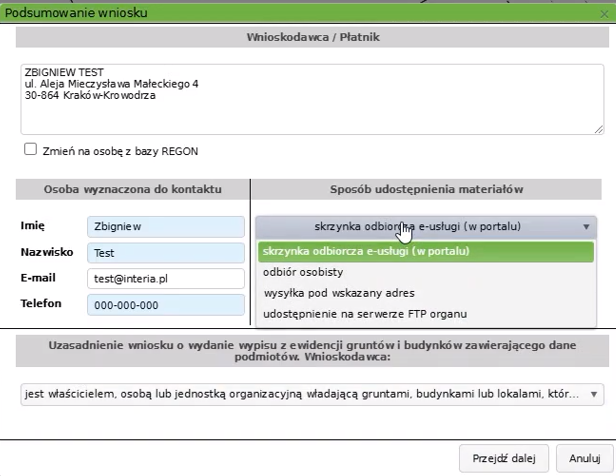 Widok okna podsumowania wniosku