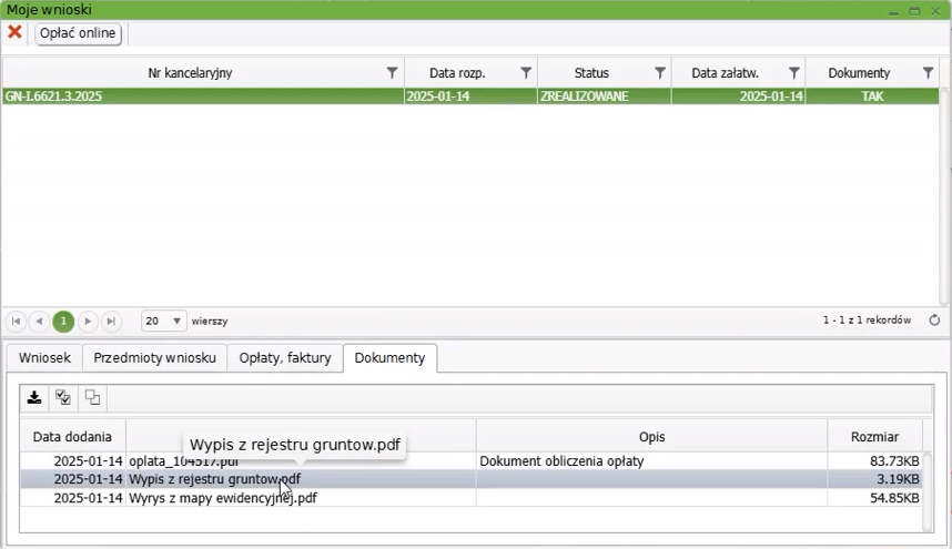 Widok okna: Moje wnioski z zakładką: Dokumenty