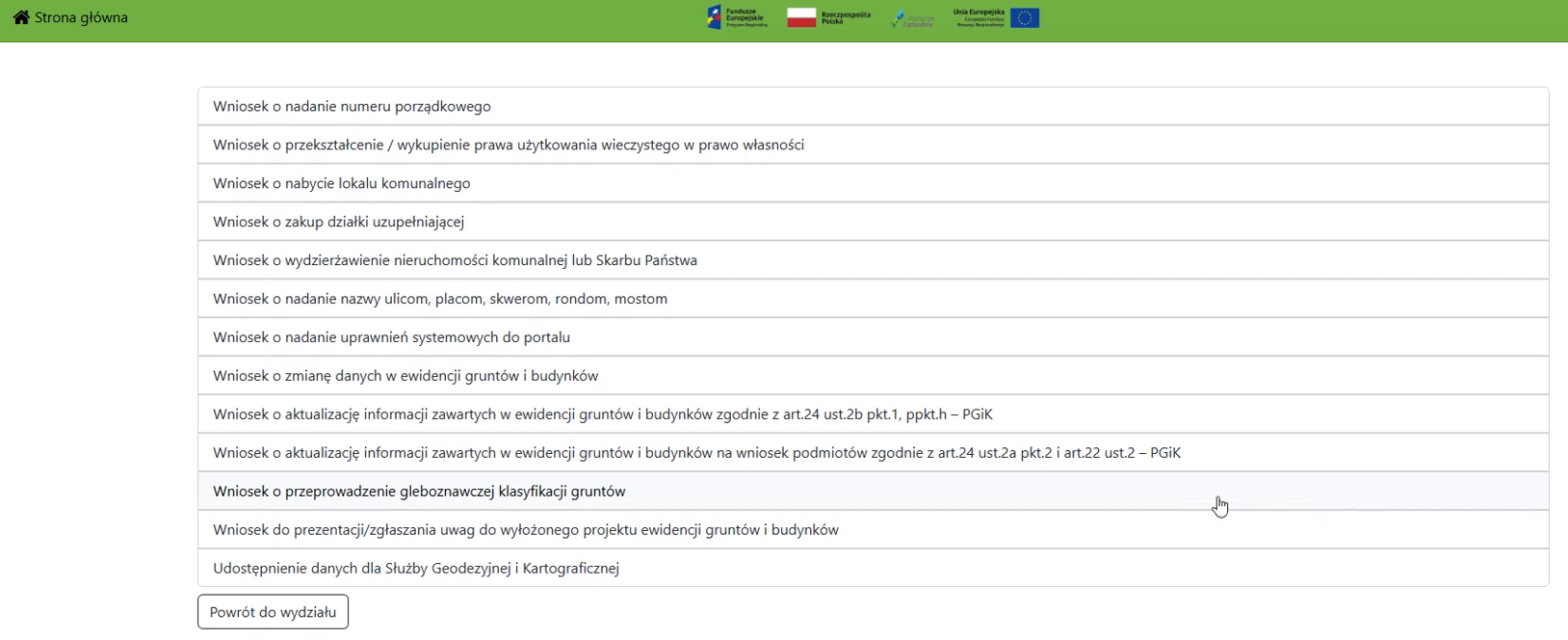 Widok strony z listą dostępnych wniosków