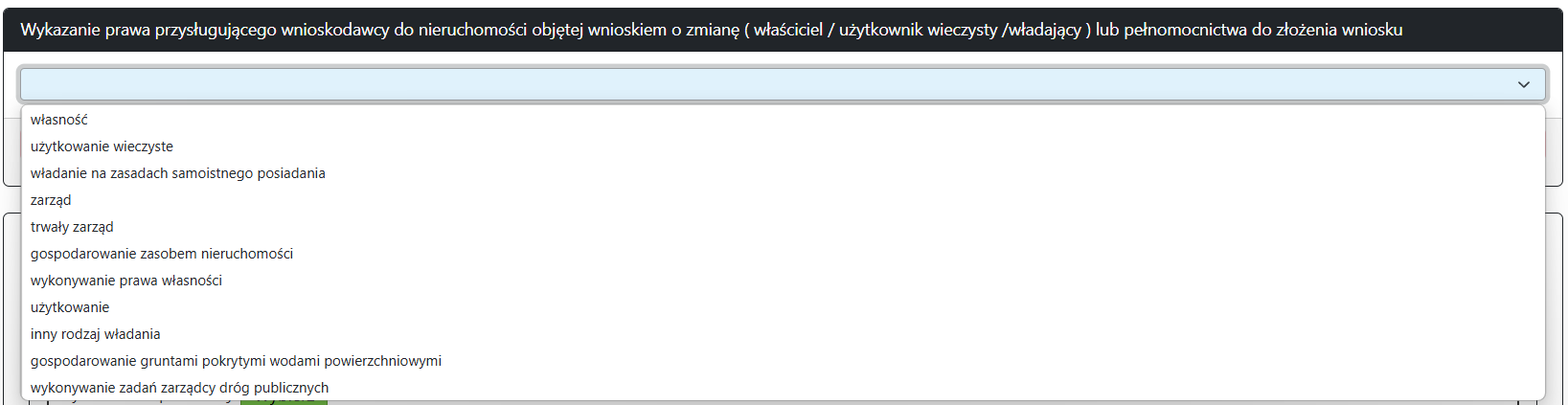 Widok części wniosku zgłoszenia zmiany danych