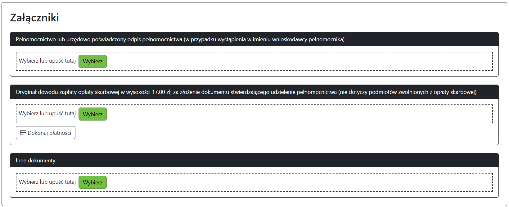 Widok okna do wprowadzania załączników