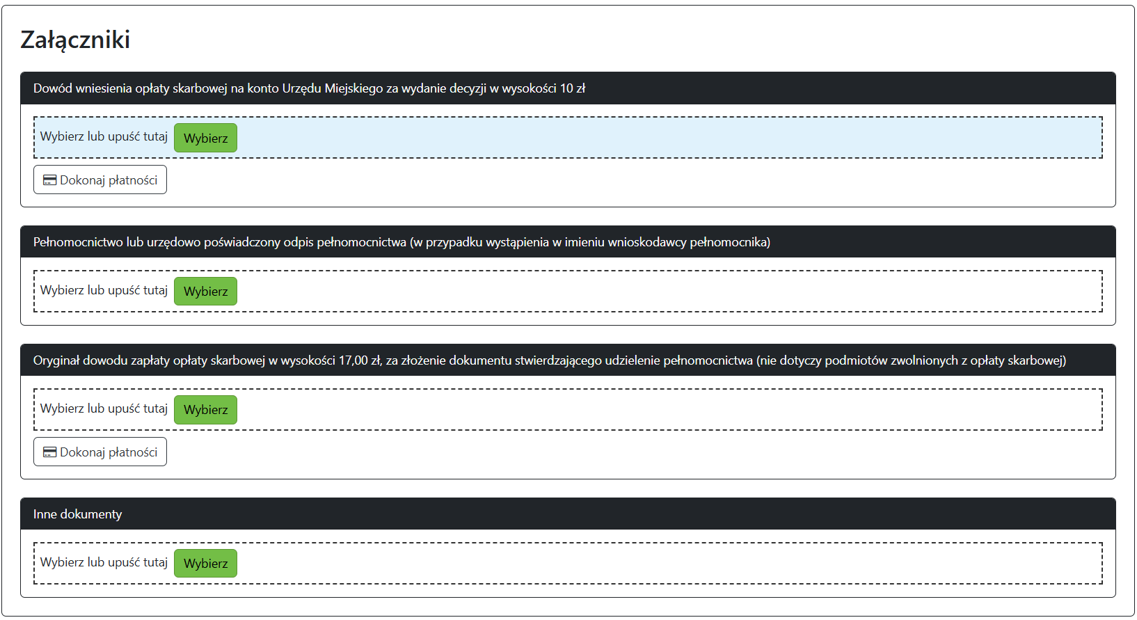 Widok pola do wprowadzania załączników