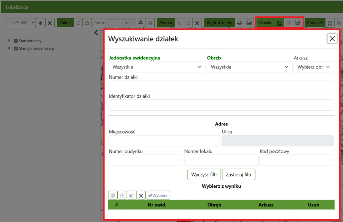 Widok okna wyszukiwania działek