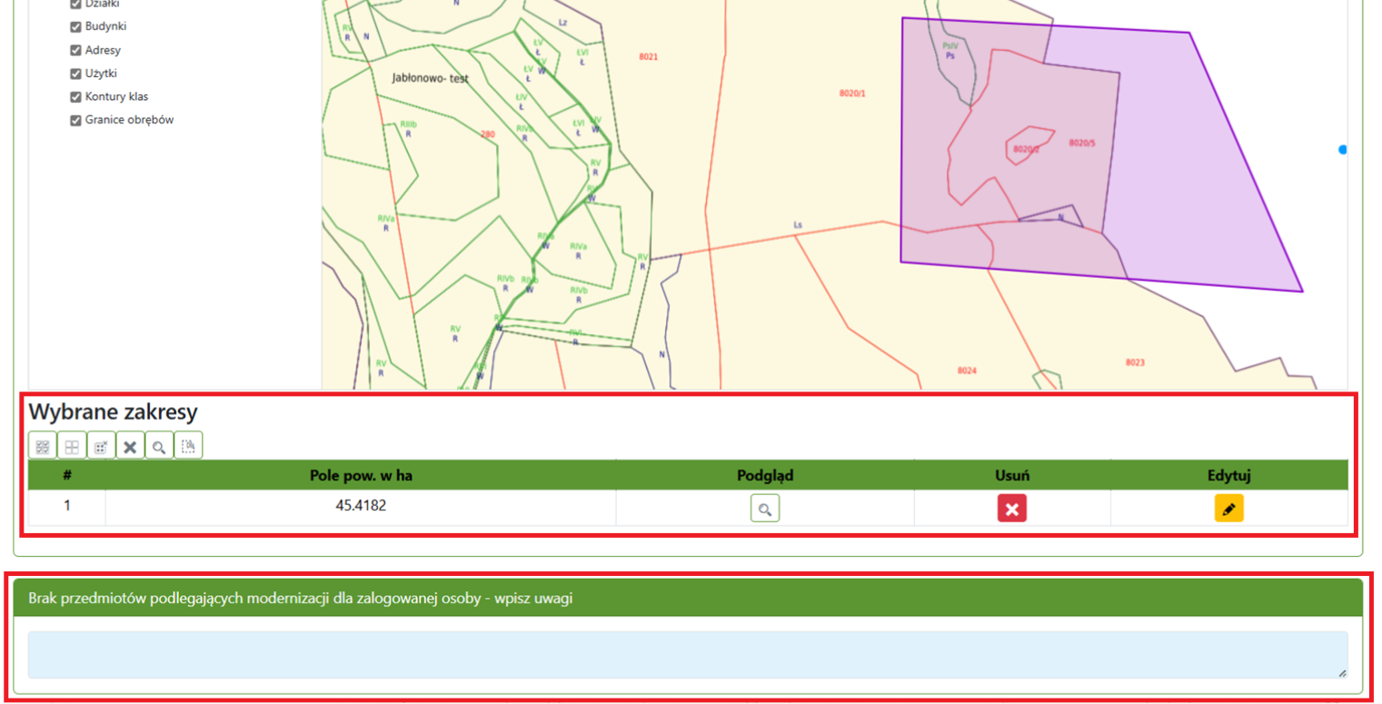 Widok listy wybranych zakresów i pola do wprowadzenia uwag