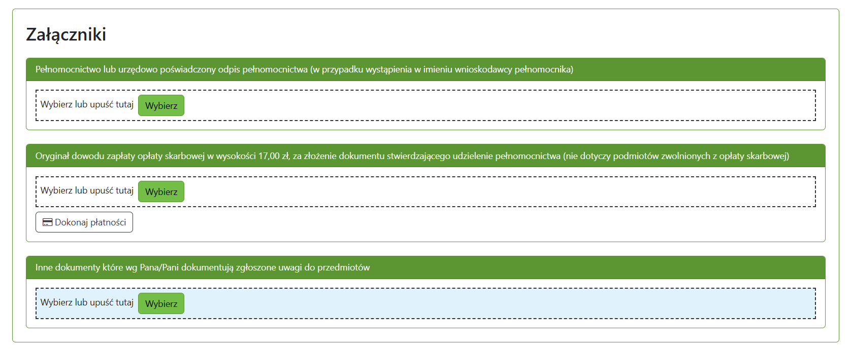 Widok okna do wprowadzenia załączników