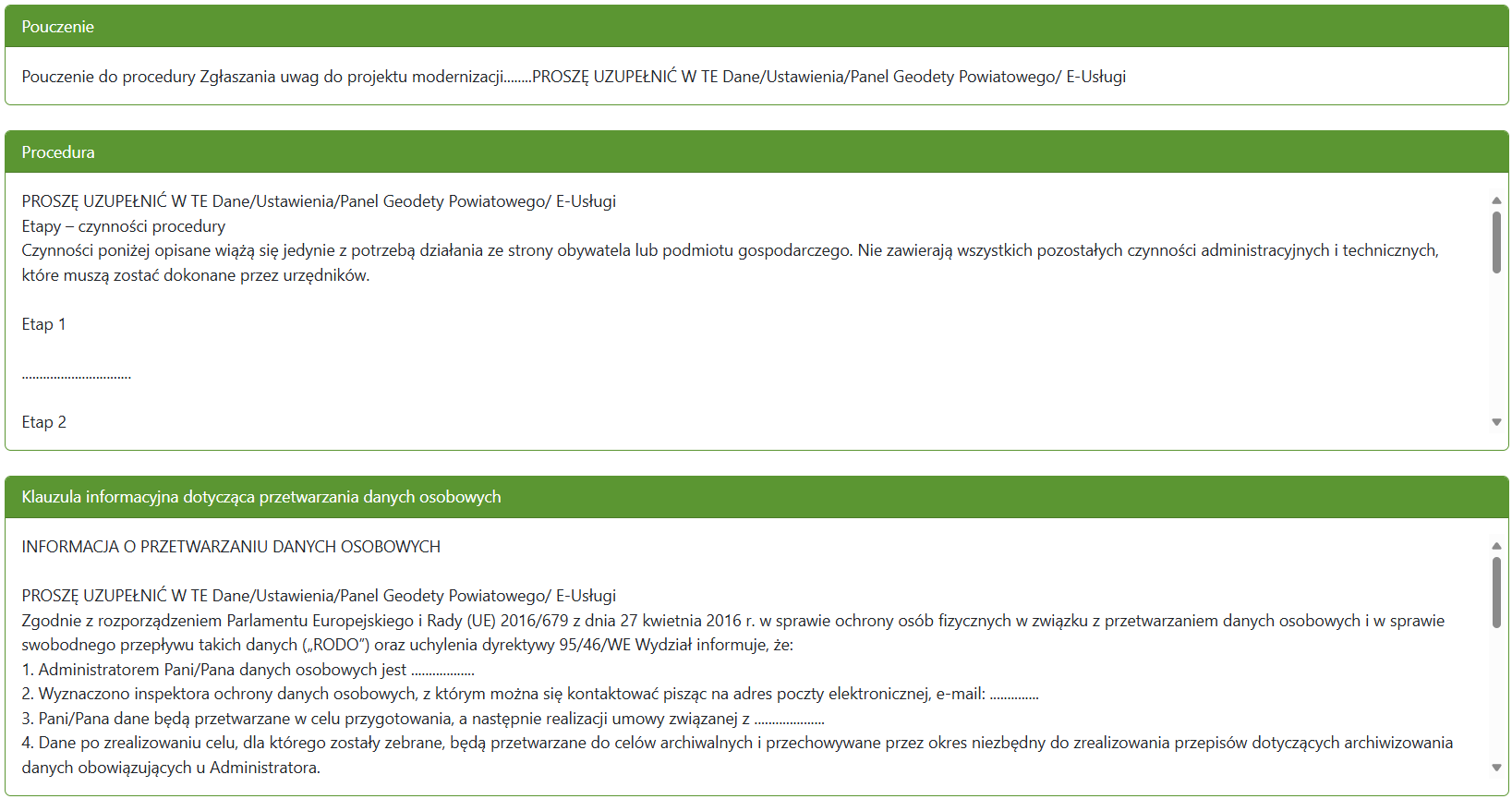 Widok okien z pouczeniem, procedurą i klauzulami