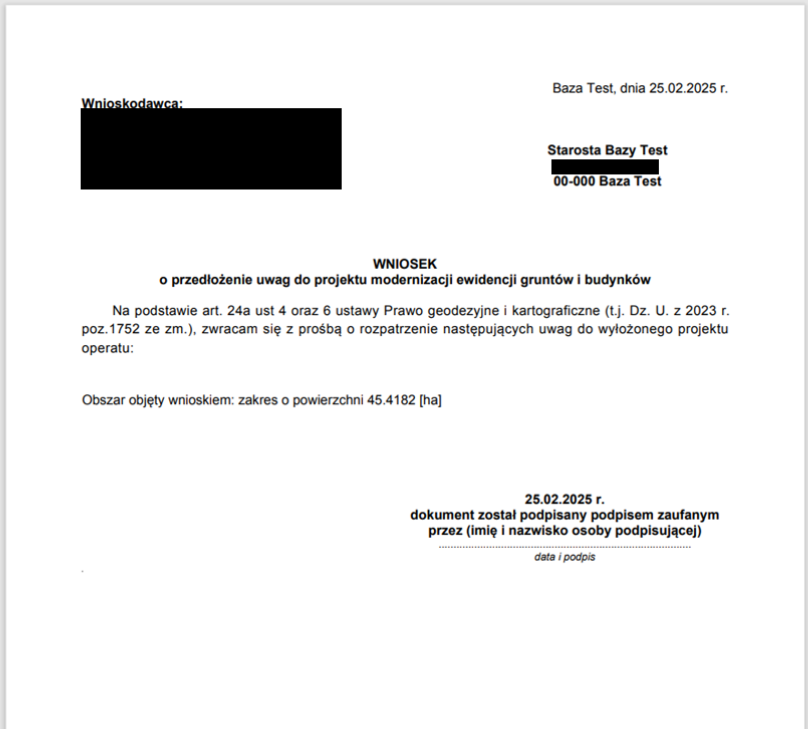 Podgląd wygenerowanego wniosku