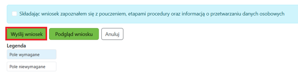 Widok okna wniosku z zaznaczoną opcją wysłania wniosku