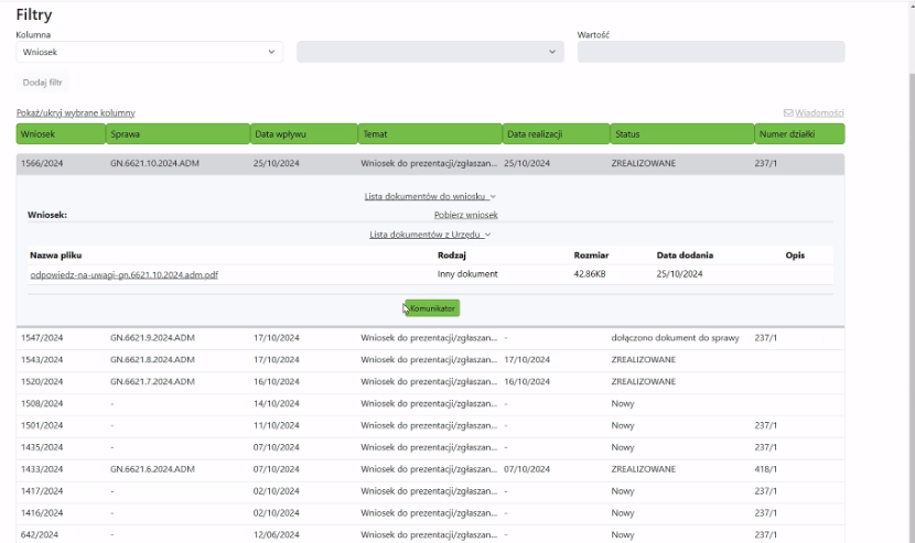 Widok listy załączonych dokumentów do wniosku
