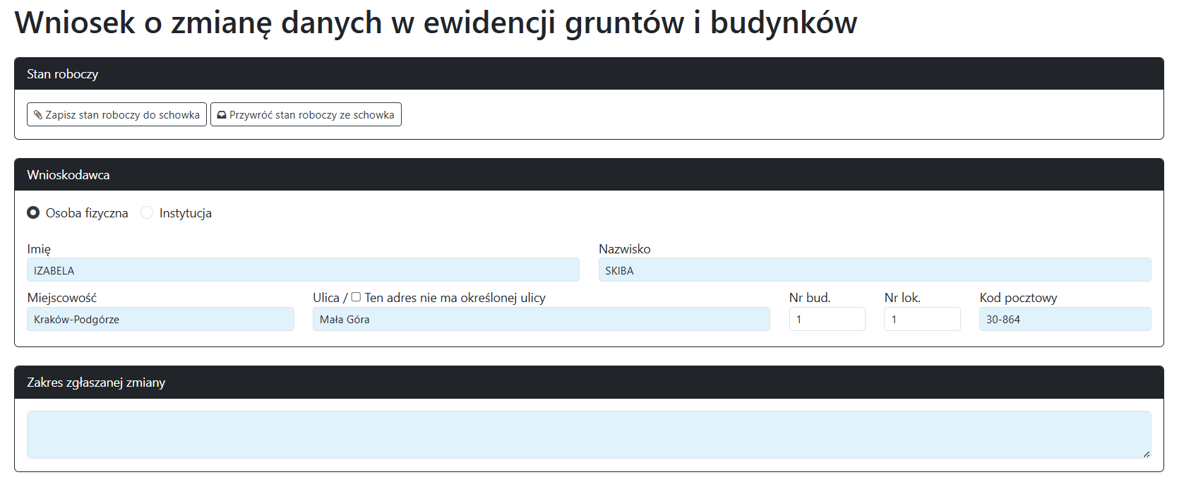 Widok części wniosku zgłoszenia zmiany danych