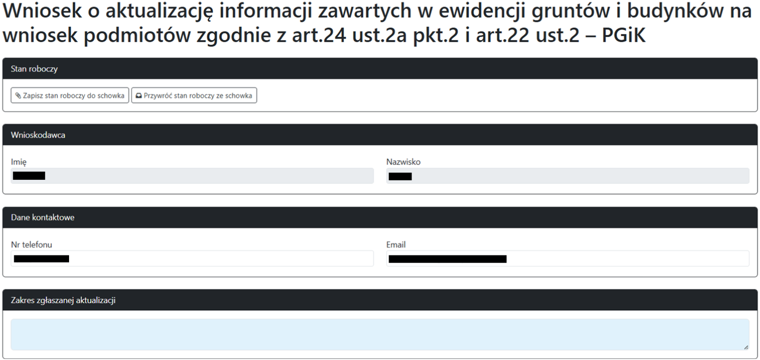 Widok części wniosku aktualizacyjnego