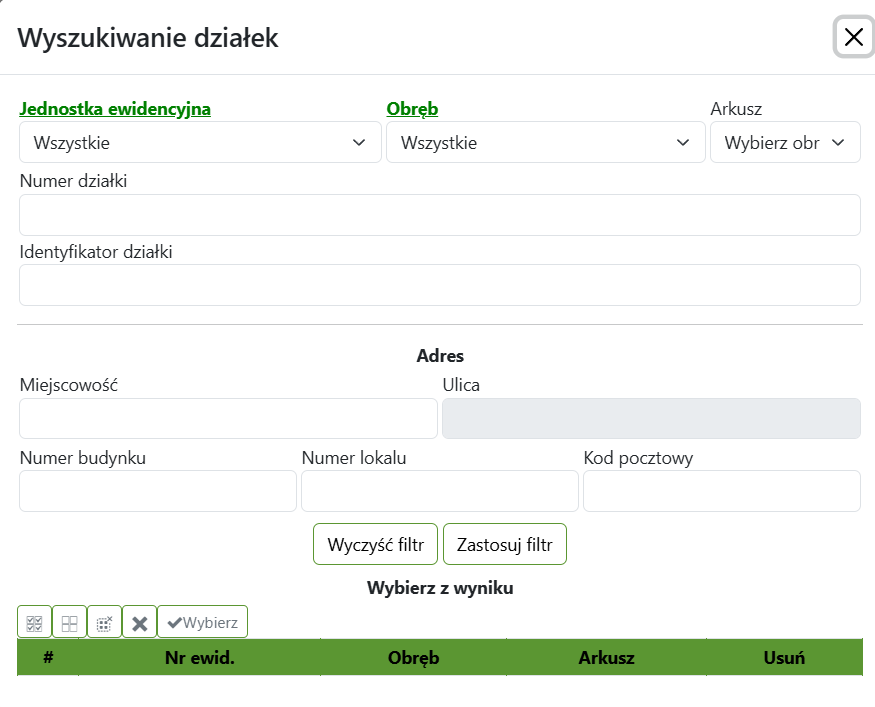 Widok okna wyszukiwania działek