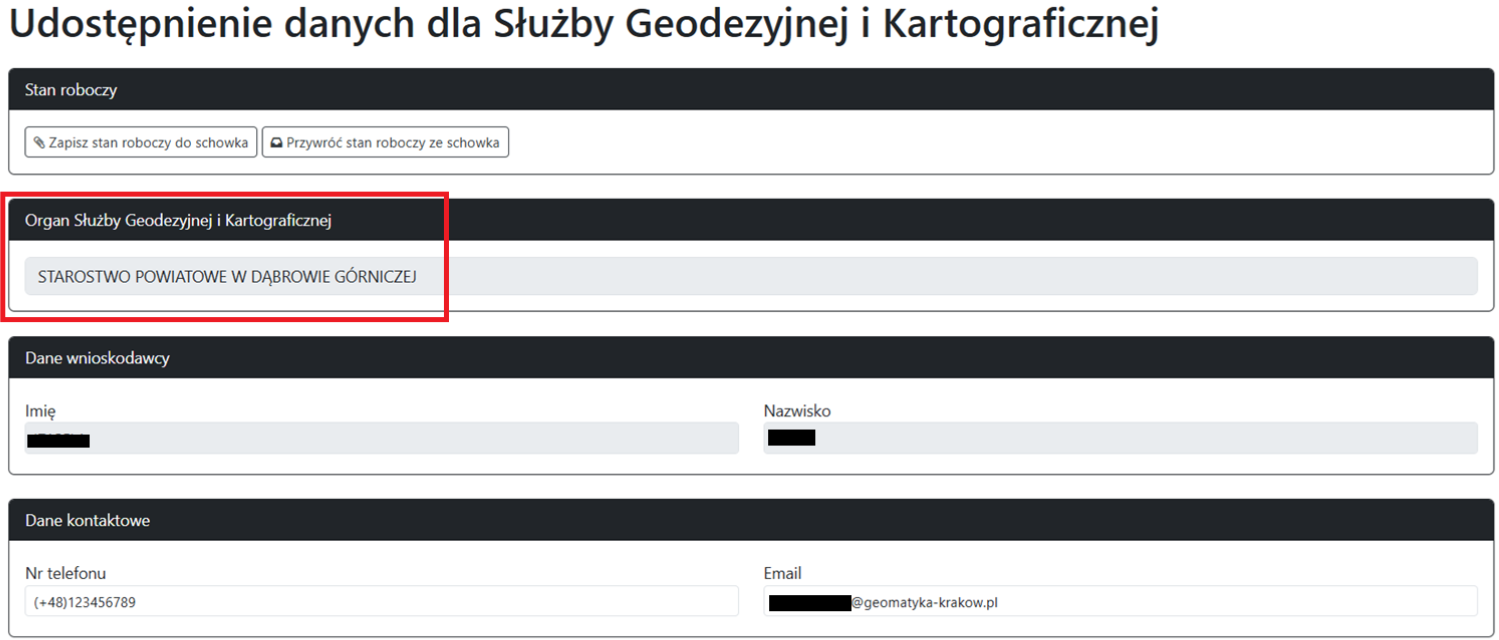 Widok części wniosku z danymi Wnioskodawcy