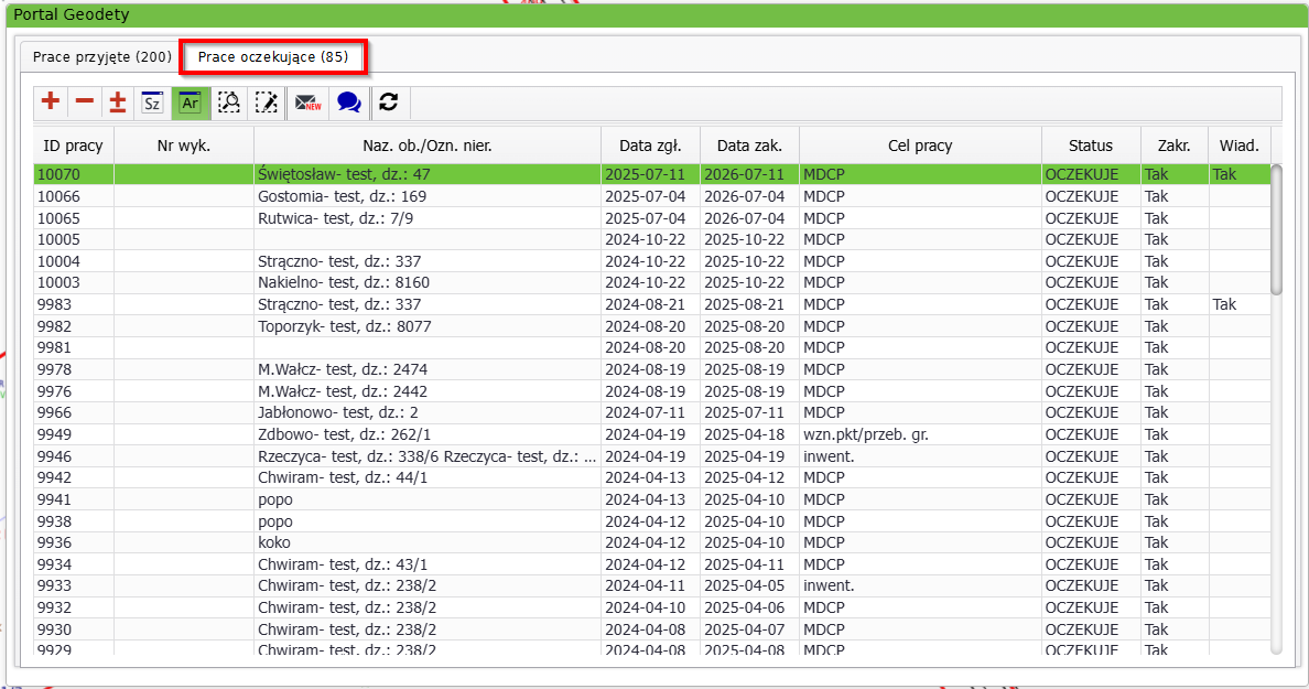 Widok okna portalu geodety