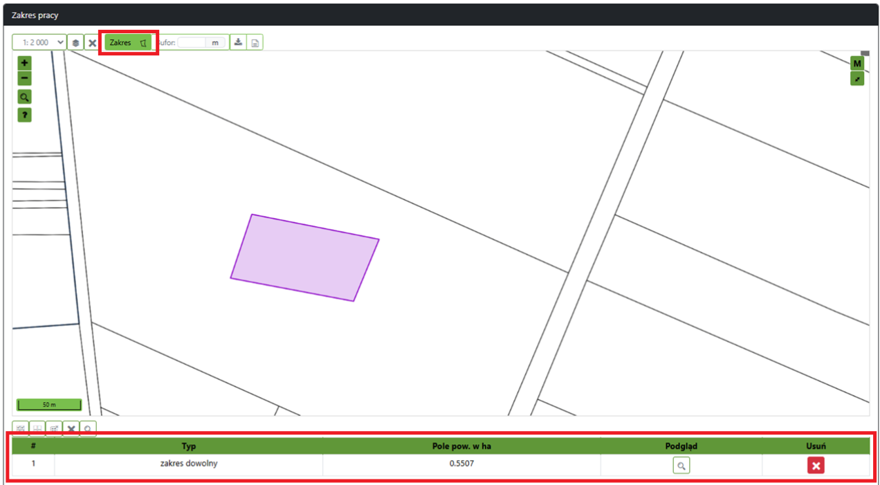 Widok okna zakresu pracy z zaznaczonym polem