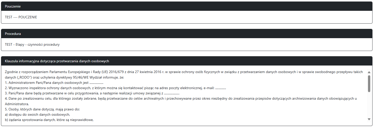 Widok okien z pouczeniem, procedurą i klauzulą informacyjną
