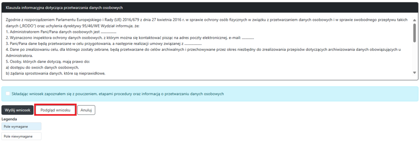 Widok okna wniosku z zaznaczoną opcją podglądu