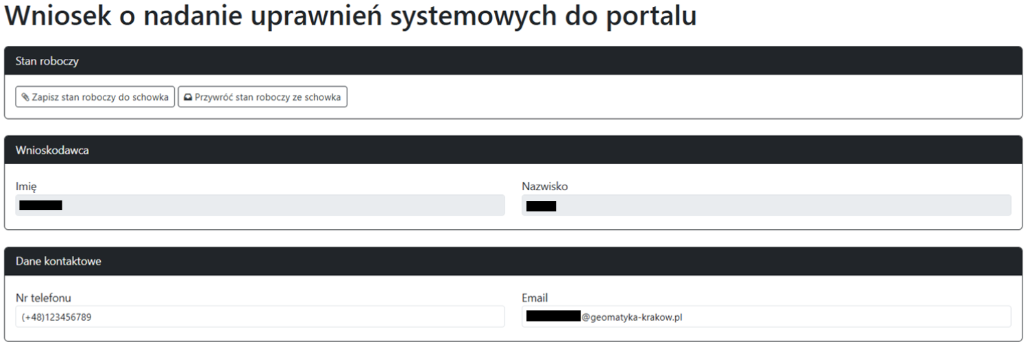 Widok części wniosku o nadanie uprawnień systemowych do portalu