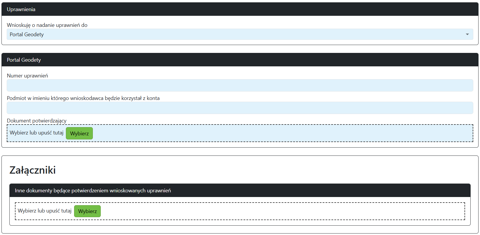 Widok części wniosku o nadanie uprawnień systemowych do portalu